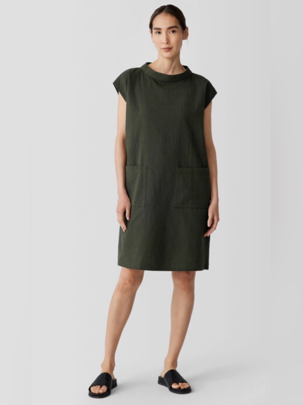 Eileen Fisher Dark Olive Green Organic Cotton Ripple Mock Neck Dress Medium